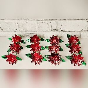 Vintage Tin Poinsettia Napkin Rings Set of 12 Red Green Christmas Table Decor